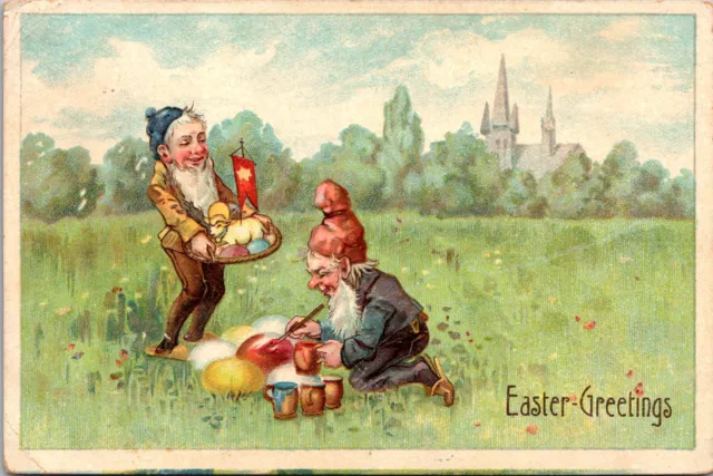 Easter Greetings - Gnomes Paint Eggs - 1910 - Old Holiday Postcard