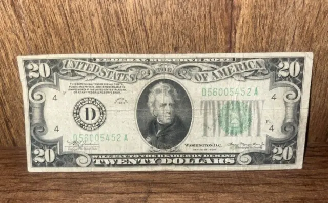 1934 Twenty Dollar $20 Green Seal Federal Reserve Note - Old U.S. Currency