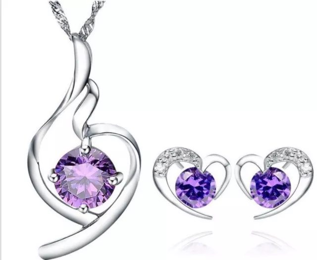 Sterling SILVER Heart Love Crystal Pendant Necklace Stud Earrings Set GiftBox G7