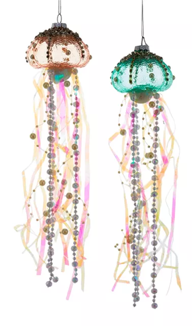 Kurt Adler Coastal Beaded Jellyfish Glass Ribbons Holiday Ornaments Set of 2