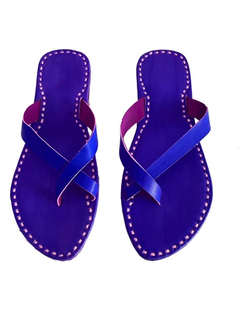 Pantofole da donna fatte a mano in pelle blu scarpe da donna infradito...