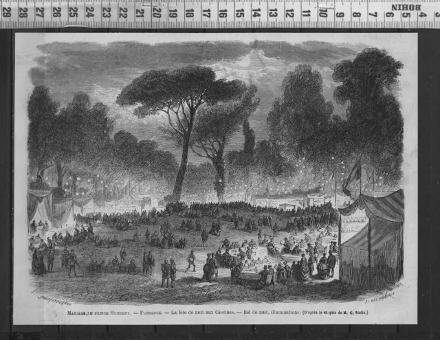 G357 / Engraving 1868 / Florence La Party De Night Aux Cascines