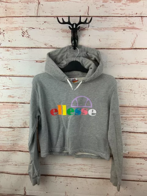 Ellesse Girls Hoodie 13-14 Years Grey Cotton Cropped Pullover Rainbow Spellout