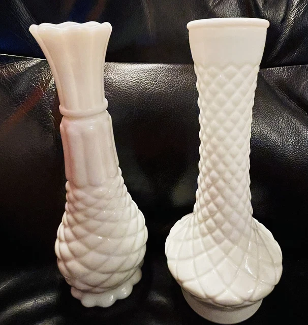 Pair WHITE MILK GLASS BUD VASE(raised quilted diamond pattern) One Is Randall