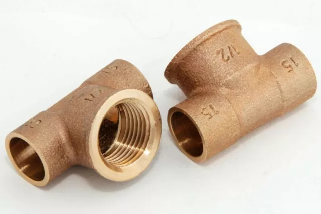 2x Rotguss T-Stück 15mm - 1/2" / 4130g Rotgussfitting red brass gunmetal Klima