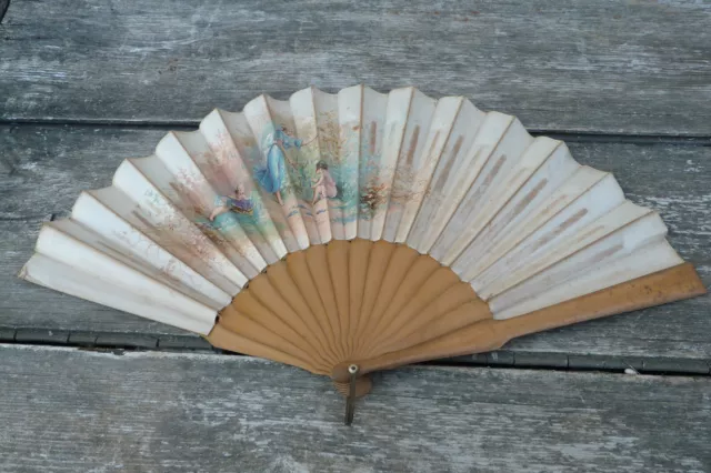 Vintage old French Victorian wood & painted silk large Hand Held Folding Fan