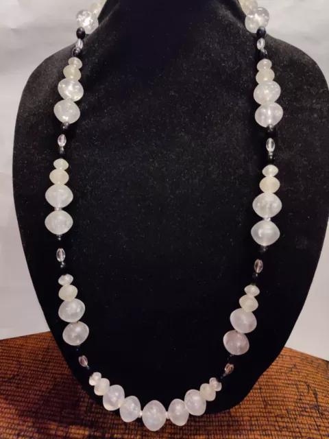 Vintage Black Square Faceted & Lucite Bubble Satin Beads Necklace 36"