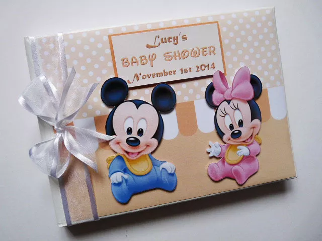 Personalised Mickey and Minnie unisex baby shower guest book, album, gift