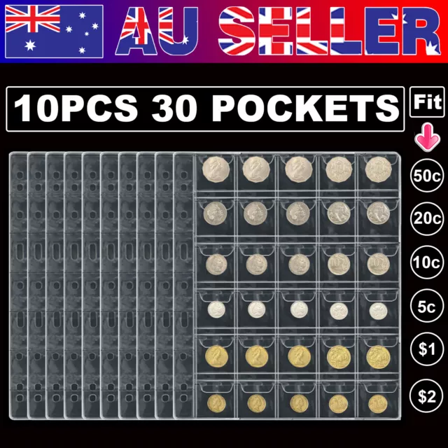 10 pcs 30 Pockets Coin Holders Folder Pages Collection Album Storage Book Sleeve