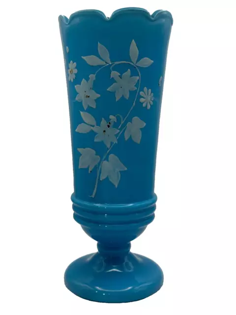 Antique Blue Opaline Glass Hand Painted Bristol Vase Large Size Blown Glass