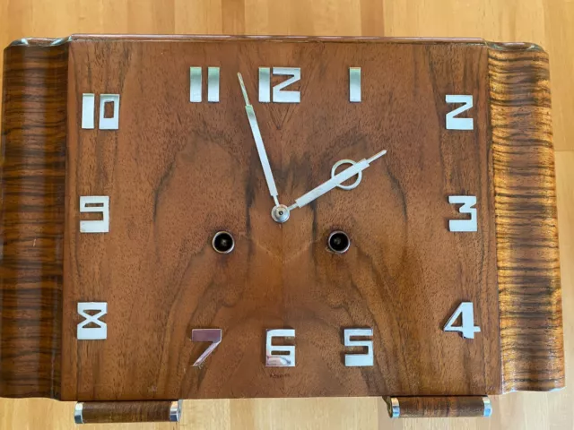 Orig. 1930s Restored - Deco Walnut & Chrome L. Mantle Clock - Missing a Pendulum