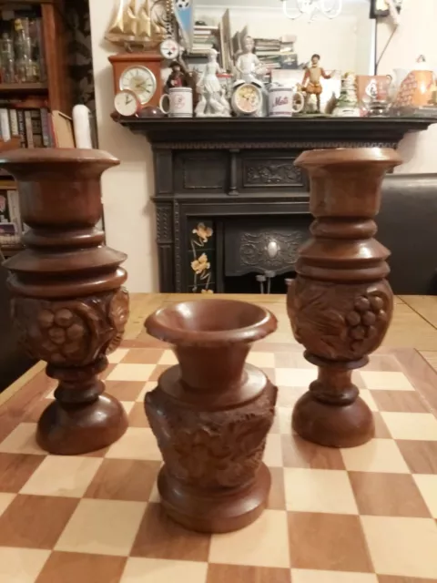 3 x European Intricate Hand Carved Wooden Vases Grape Vine Flower Tallest = 25cm