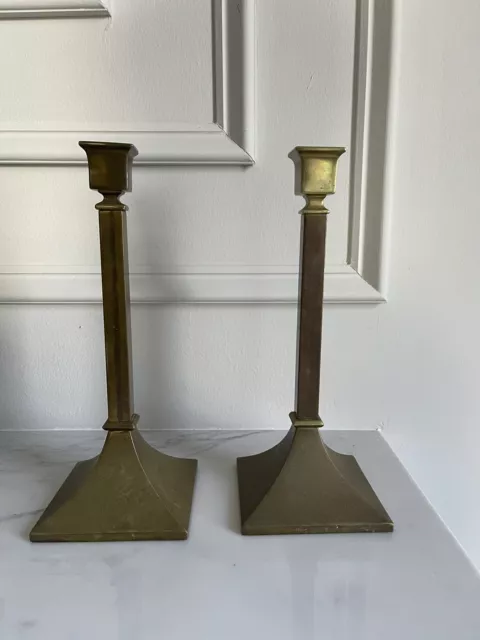 Pair of vintage Heavy Brass Art Deco Style candlestick candle holders 10”