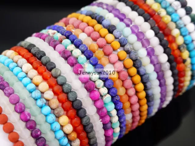 Handmade 4mm Matte Frosted Natural Gemstone Round Bead Stretchy Bracelet Healing