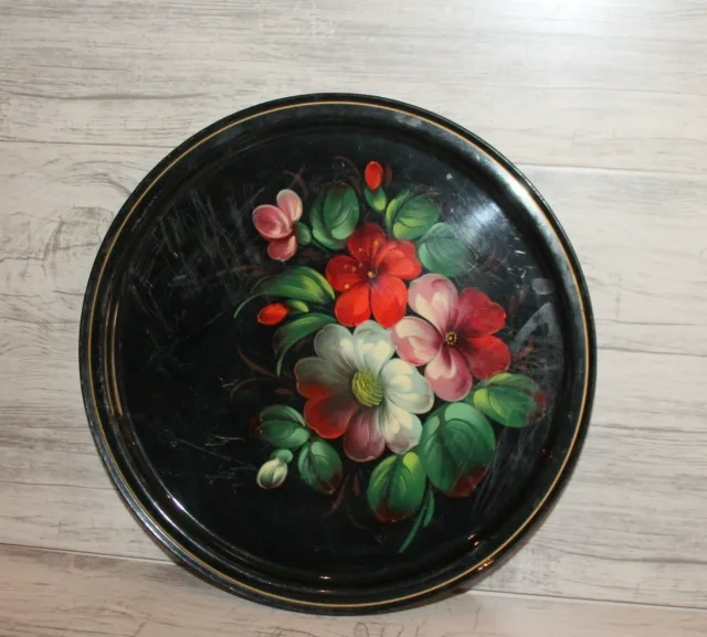 plateau de service rond en métal floral peint à la main russe vintage