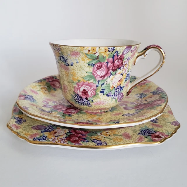 2 Royal Winton Grimwades Welbeck Tea Trios Cup Saucer & Plate Yellow Chintz 1995 3