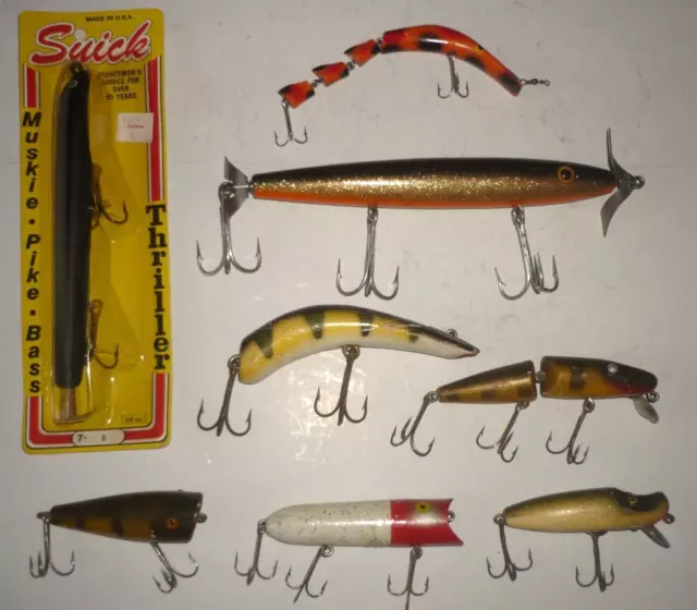 LOT OF 8 Vintage Muskie Pike Fishing Lures Wood Suick, Paw Paw