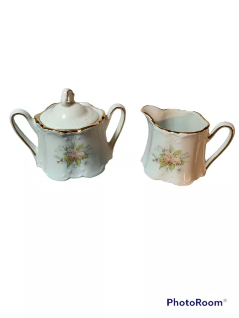 Winrose Collection China Lidded Sugar Bowl and Creamer Pink Floral & Gold Leaf