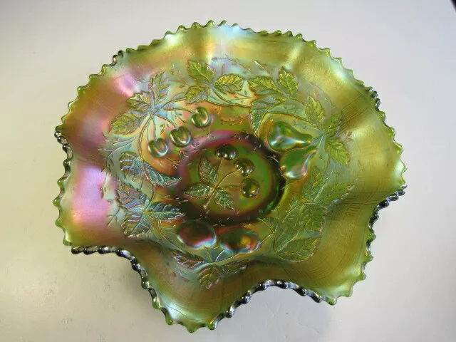 Antique Northwood Green Three Fruits Carnival Glass Bowl