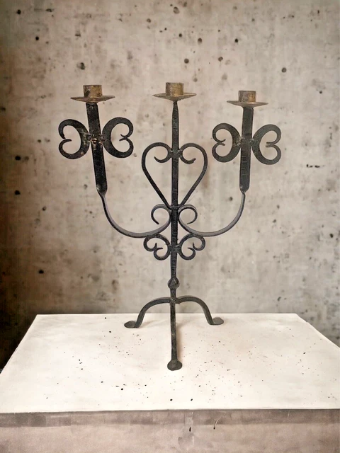 Vintage Spanish Gothic Hand Forged Wrought Iron Candelabra Rustic Brass Bobeche