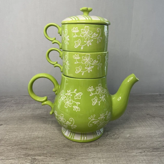 TEMPTATIONS BY TARA Green Floral Lace Teapot & 2 Mugs Stackable QVC 30