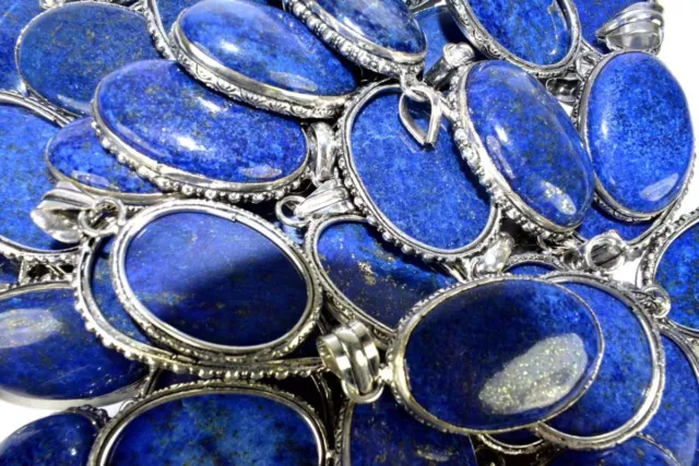 Großhandel Menge 60Pcs Lapislazuli Edelstein Anhänger 925 Sterling Versilbert