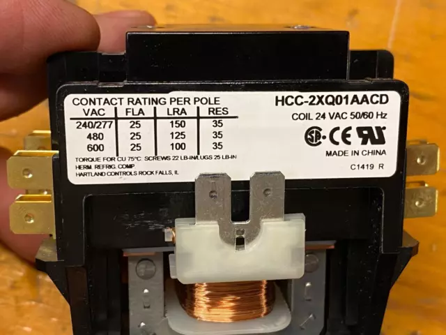 Hartland HCC-2XQ01AACD Hvy Duty AC Contactor 25 Amp 2-Pole Coil 24 VAC 50/60 Hz