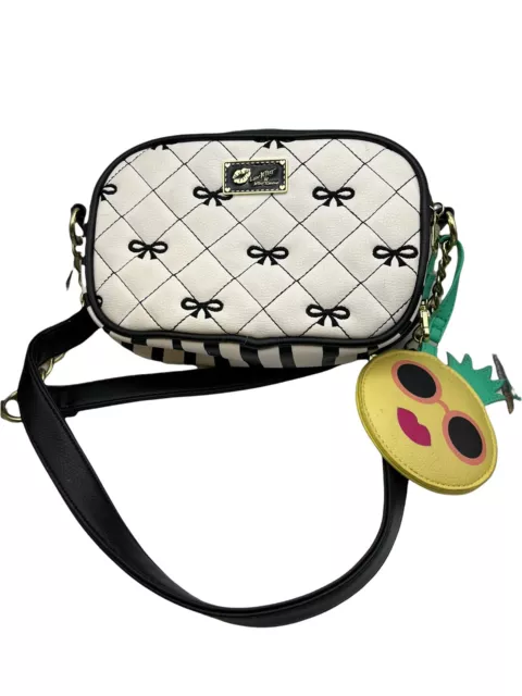 Betsey Johnson Cross body Quilted Bow Tie Black and white Double Zip Entry