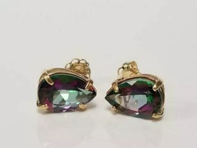 1CT Pear Cut Green Mystic Topaz Solitaire Stud Earrings in 14K Yellow Gold Over 3