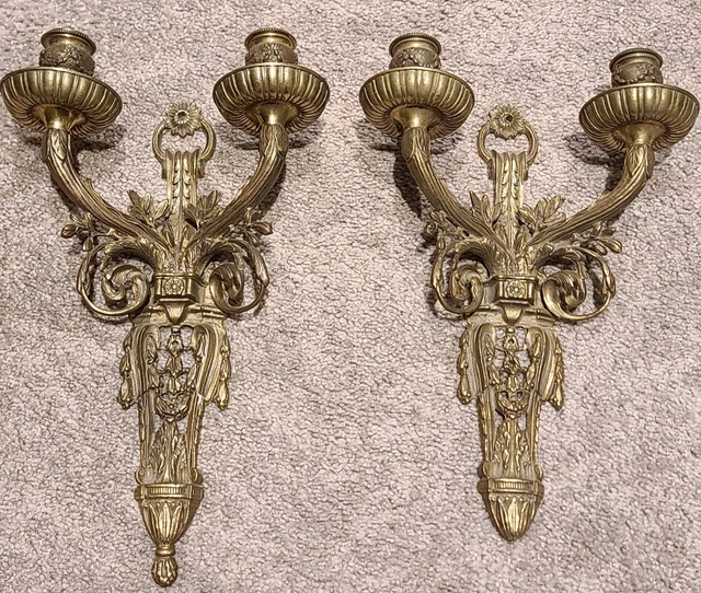 Antique 19th C. Victorian Nouveau Heavy Gilt Brass Candle Holder Wall Sconces