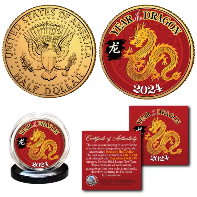 2024 CHINESE NEW YEAR OF THE DRAGON 24K Gold Plated JFK Kennedy Half