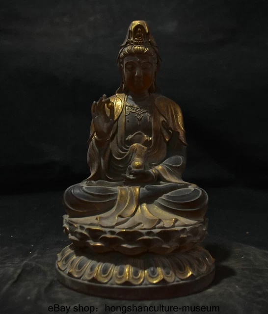8.8 " Old Chinese Buddhism Bronze Gilt Seat Kwan-yin GuanYin Buddha Bead Statue