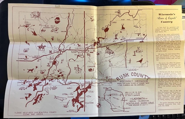 TOURIST BROCHURE & MAP Ladysmith,Wiconsin~Rusk Co. Flambeau River~circa ...