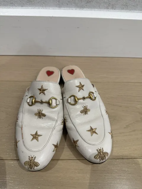 Gucci Embroidered Leather Princetown Horsebit Loafer Mules Ivory Size 37