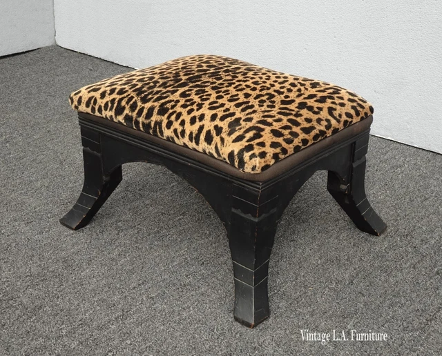 Vintage French Style Black Footstool with Leopard Print Vintage French Style Black Footstool with Leopard Print