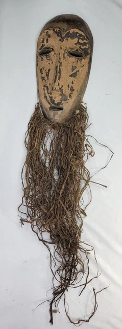 Antique African Lega Carved Wooden & Raffia Beard - Primitive Folk Art - 1950s