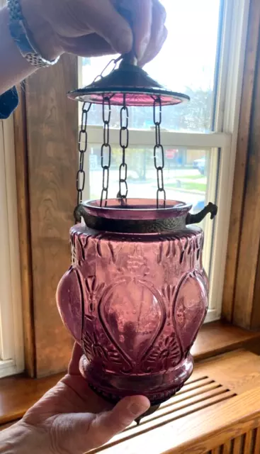 Victorian Hanging Hall Light Lamp Bulbous Amethyst Circa 1890s  Not Electrified