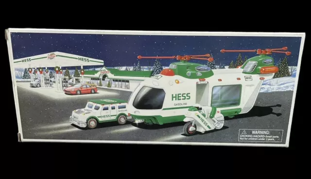 Hess Truck Helicopter with Motorcycle and Cruiser 2001 NEW in Box YELLOW WHITE