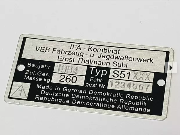 Typenschild für Simson S51 Plakette 260kg IFA VEB, beschriftet / gestanzt