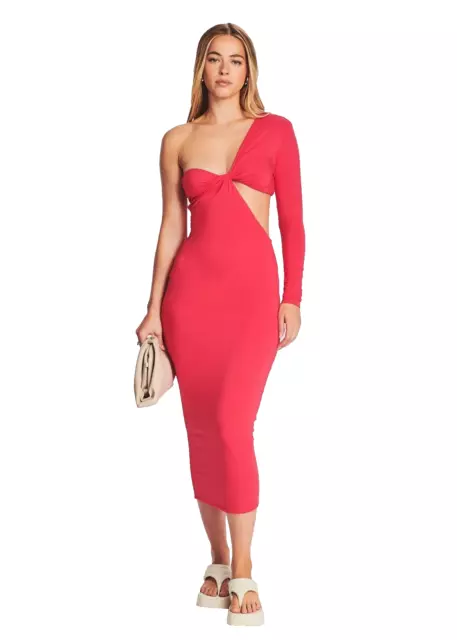 SER.O.YA Womens Sz Large Ivana One Sleeve Midi Dress Pink Cut Out Body Con NWT