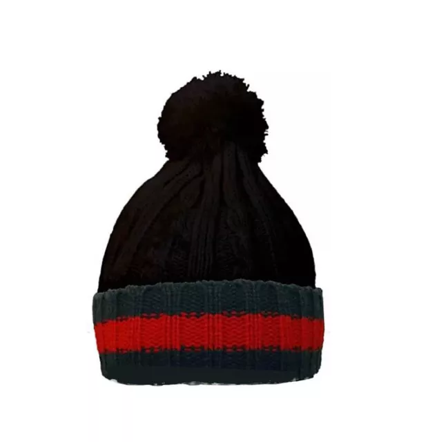 Mens Womens Knitted Black/Red Stripe Hat Pom Pom Cable Knit Winter Warm Beanie