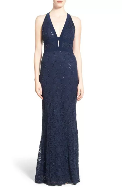 Bee Darlin Womens Sleeveless Sequin Floral Lace Gown Dress Navy Size 9/10