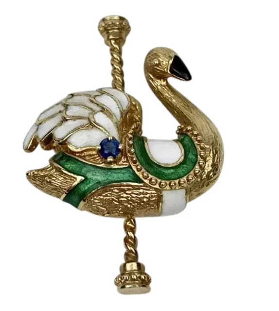 Vintage Igor Carl Faberge 14k Yellow Gold and Enamel Swan Carousel Swan Brooch Vintage Igor Carl Faberge 14k Yellow Gold and Enamel Swan Carousel Swan Brooch