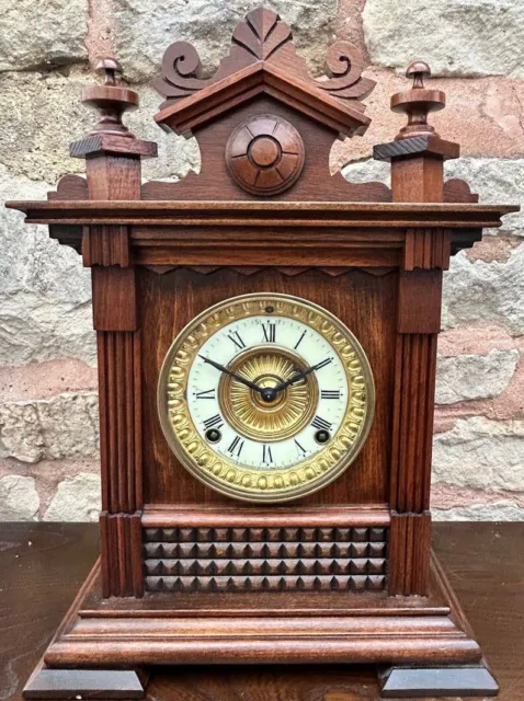 American Walnut Mantel Clock Antique Carved WANUT 8 Day Striking By Ansonia 1890