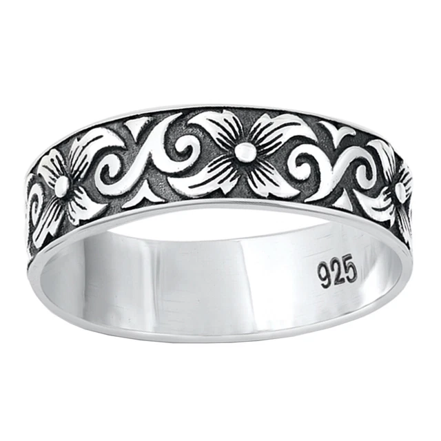 Flower Vine Band Oxidized Finish 925 Sterling Silver 6mm Size 5-10