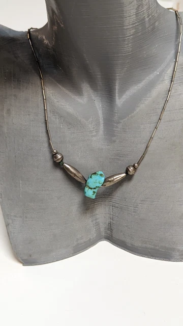 Vintage Navajo Tube Turquoise Nugget Sterling Liquid Silver Necklace 925