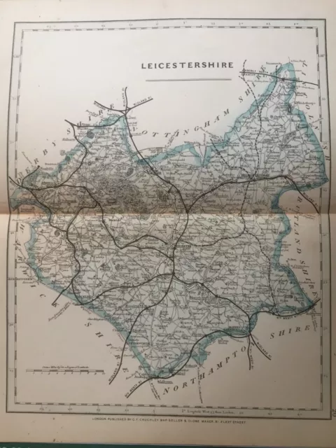 1875 Antique Map;  Cary / Cruchley map of Leicestershire. Orig Outline Colour