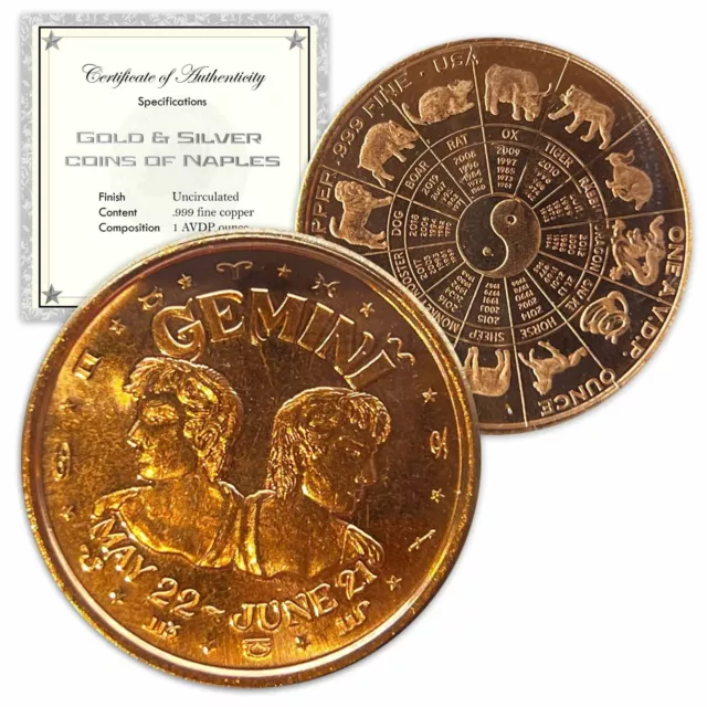 1 oz Copper Round - Gemini in a capsule & gift bag