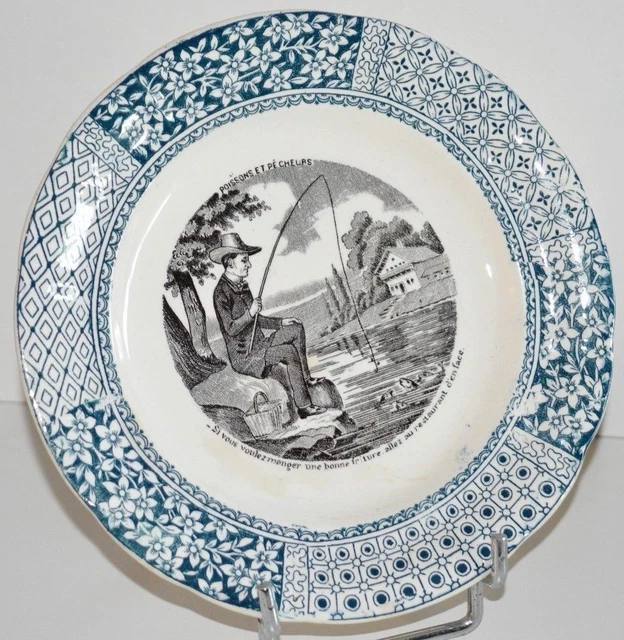 BELLE ASSIETTE CERAMIQUE LONGWY POISSONS et PECHEURS déco collection vitrine