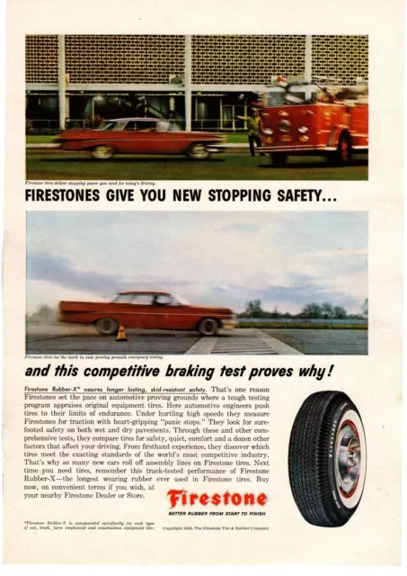1959 Firestone Rubber-X Tires Competitive Braking Test Stopping Safety Print Ad